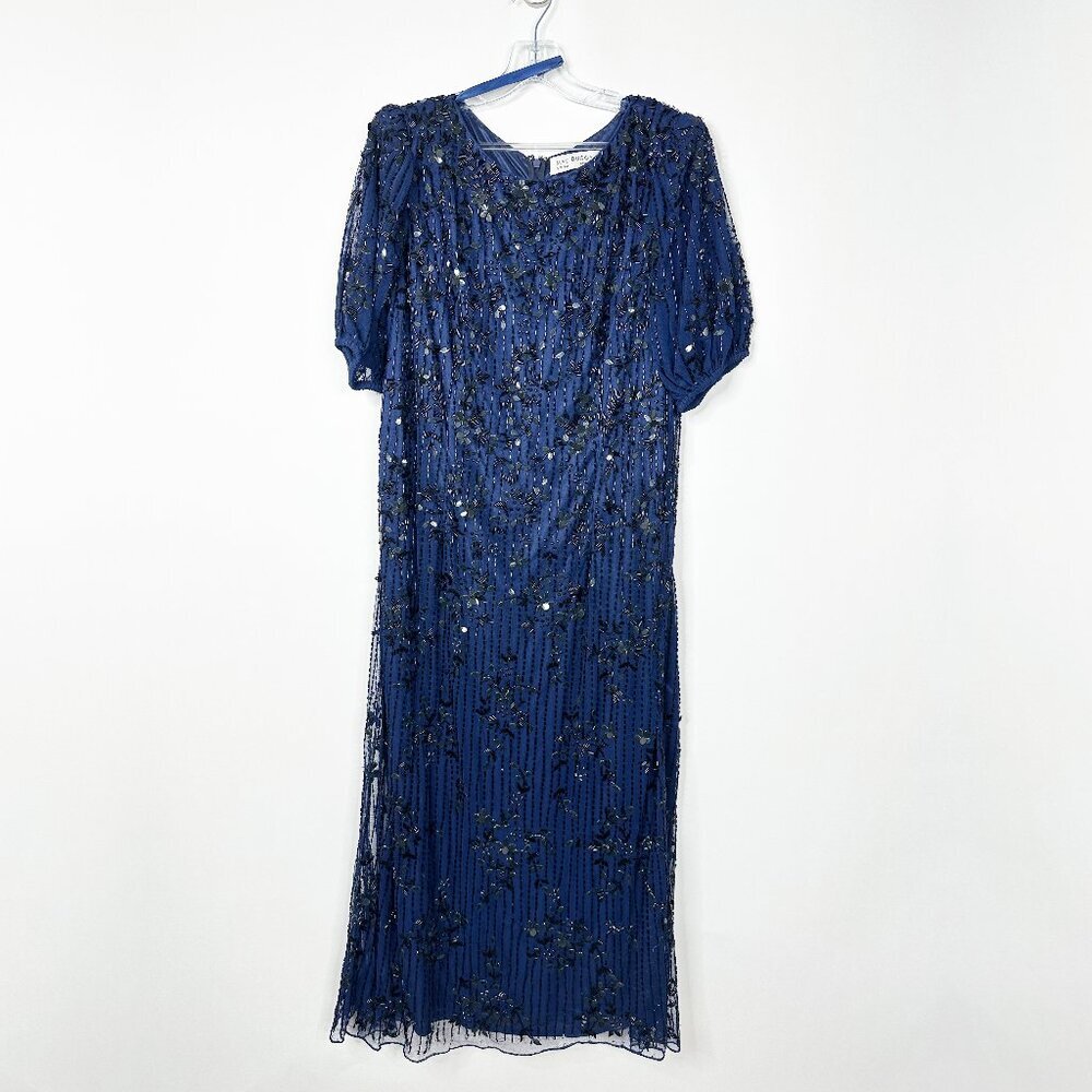 NWT Mac Duggal High Neck Puff Sleeve Embellished Dress Midnight 16W #7929 - Picture 3 of 8
